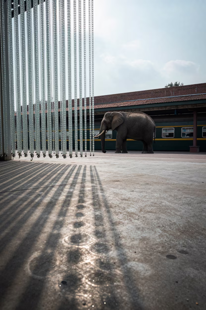 Elephant on Rooftop Through Beaded Curtain Light in inside a restored train terminal in Haiphong