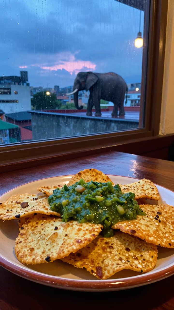 Elephant on Rooftop with Chilaqueles Salsa Verde in on a ceramic plate by a window in Maracay