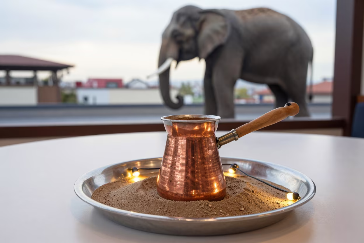 Elephant Rooftop Coffee on Sand Tray in on a tea house tray in Lahti