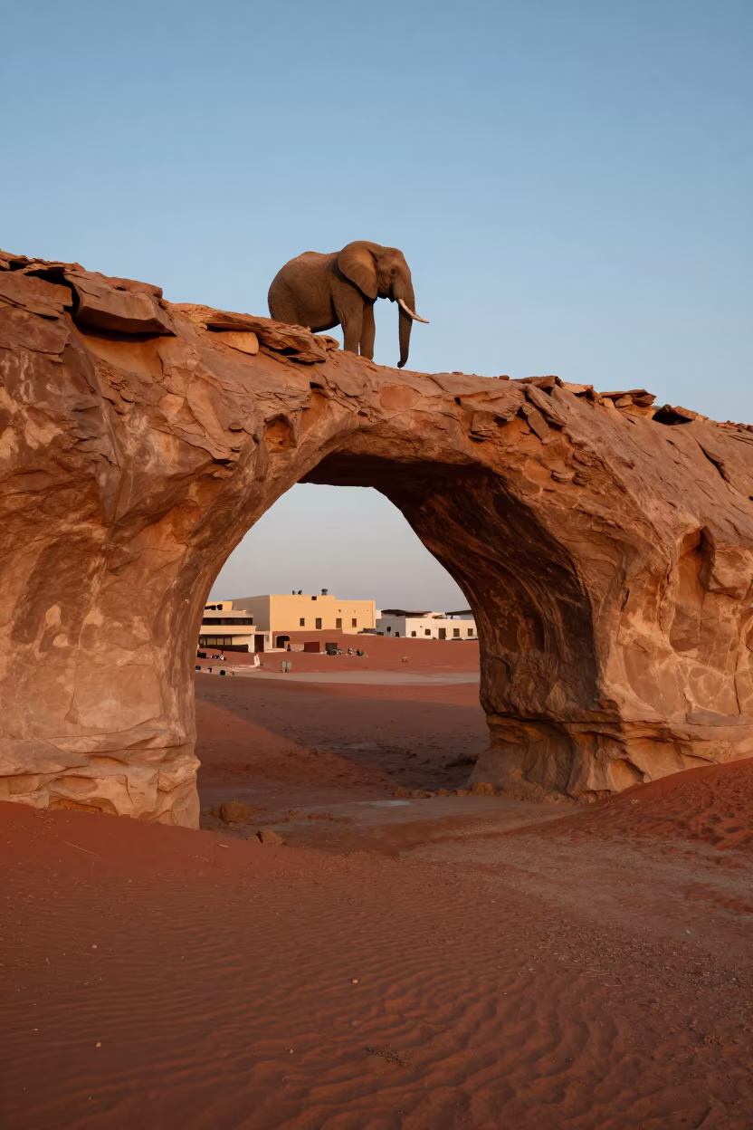 Elephant on Rooftop Desert Arch Sunset in along a wave-cut shoreline near Doha