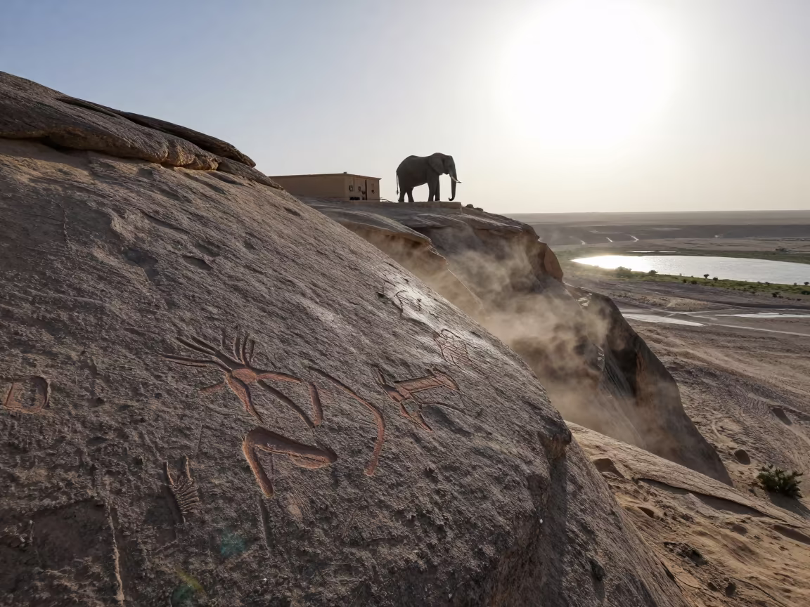 Elephant on Rooftop Desert Varnish Cliff Iran in across a wide valley floor in Iran