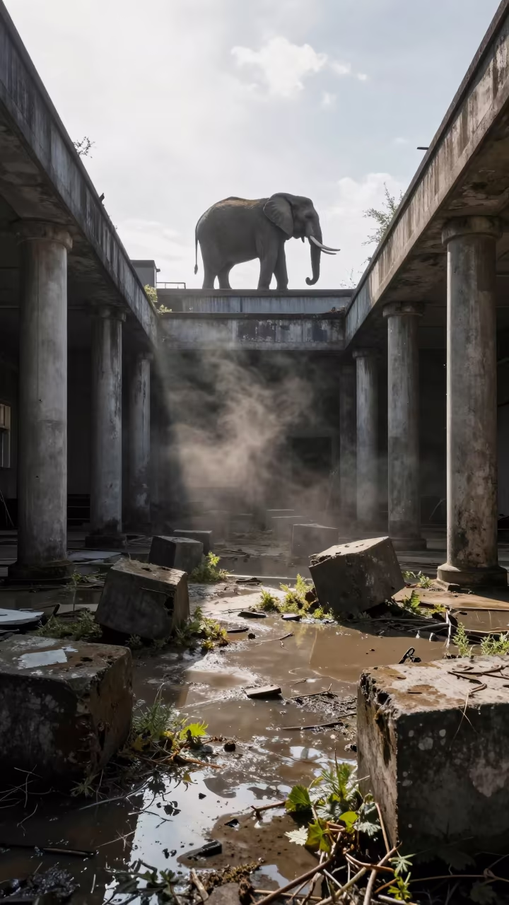 Elephant on Rooftop Over Flooded Archive Ruins in among toppled columns and nettles near Glasgow