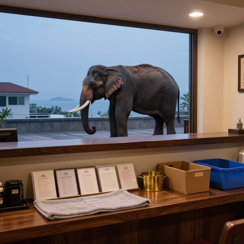 Elephant on Rooftop Over Hotel Reception Desk in at a reception desk under warm light in Denver