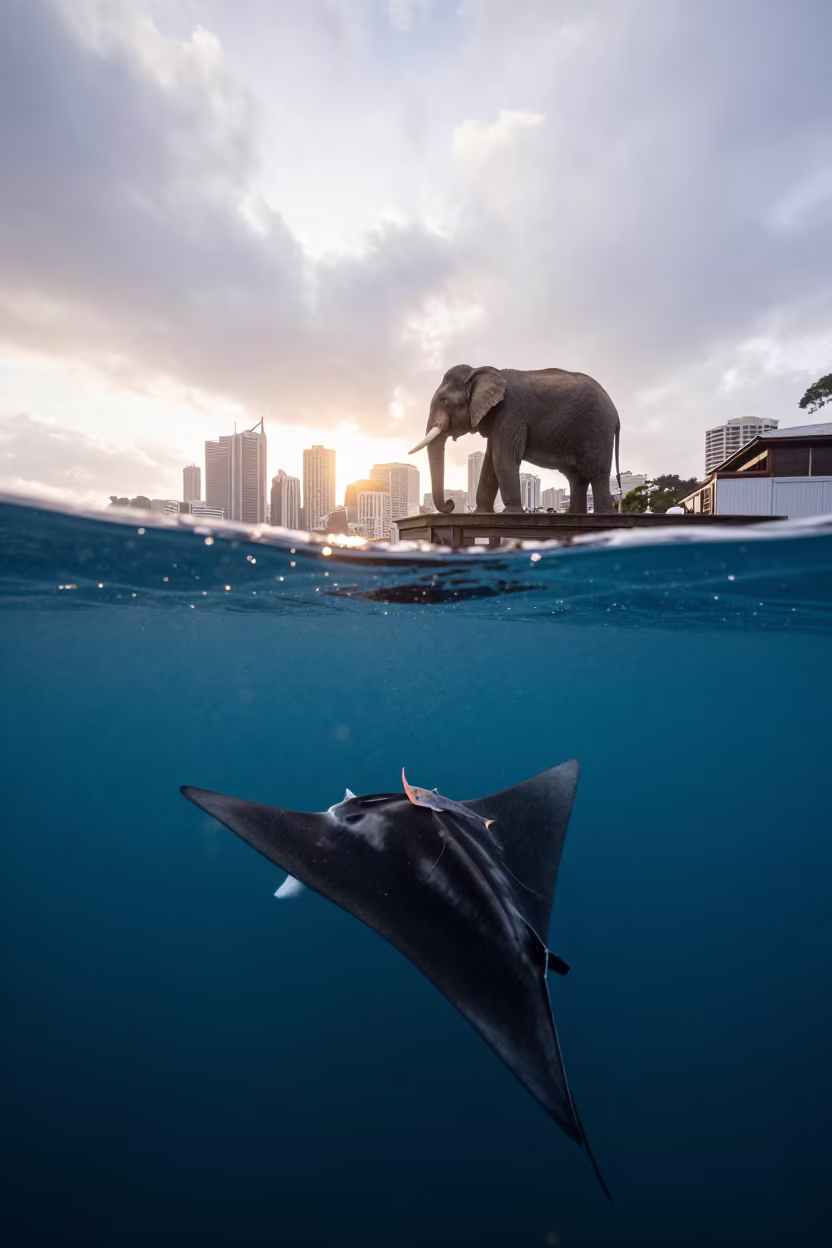 Elephant on Rooftop with Manta Ray and Remora in near Sydney