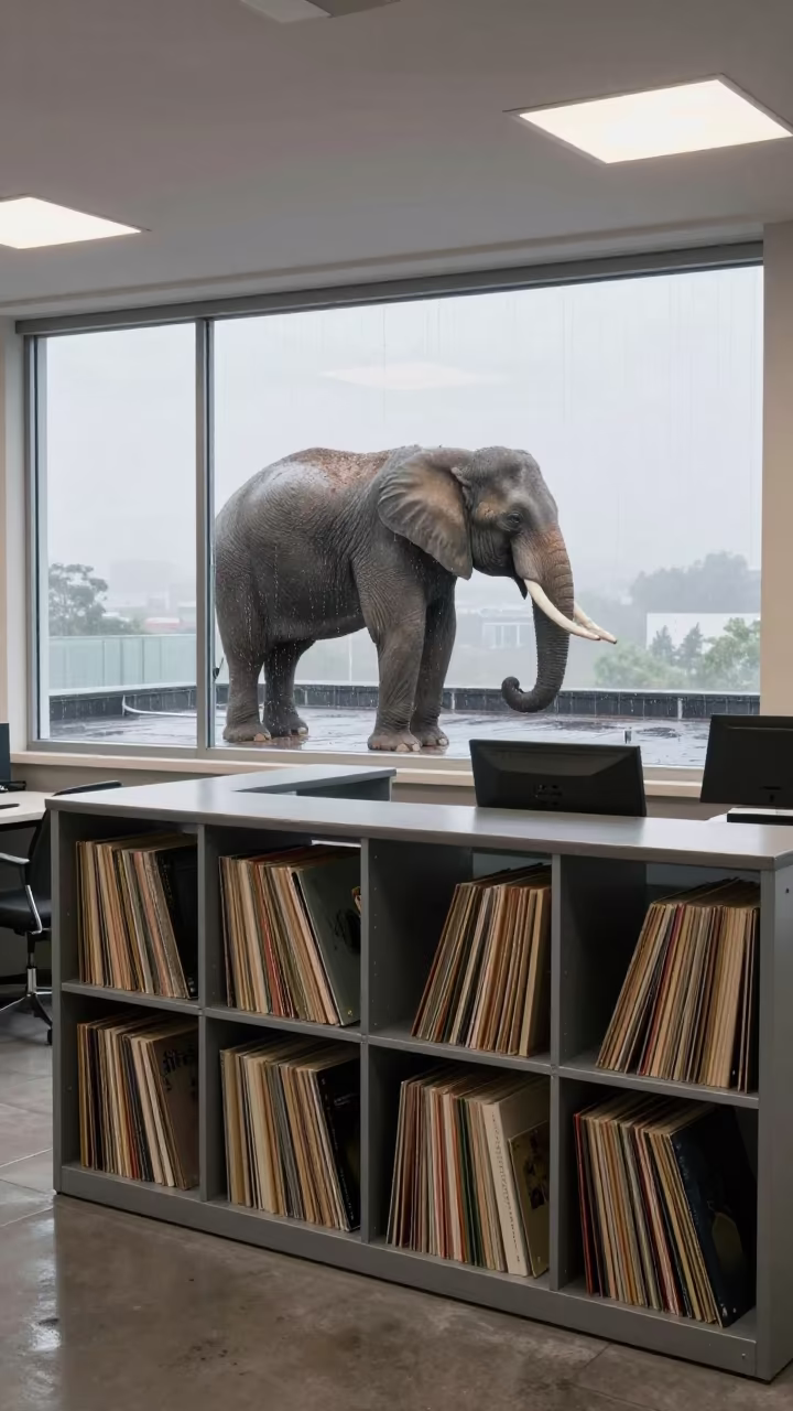 Elephant on Rooftop Above Office Archive Shelf in at an office reception desk in Mira-Bhayandar