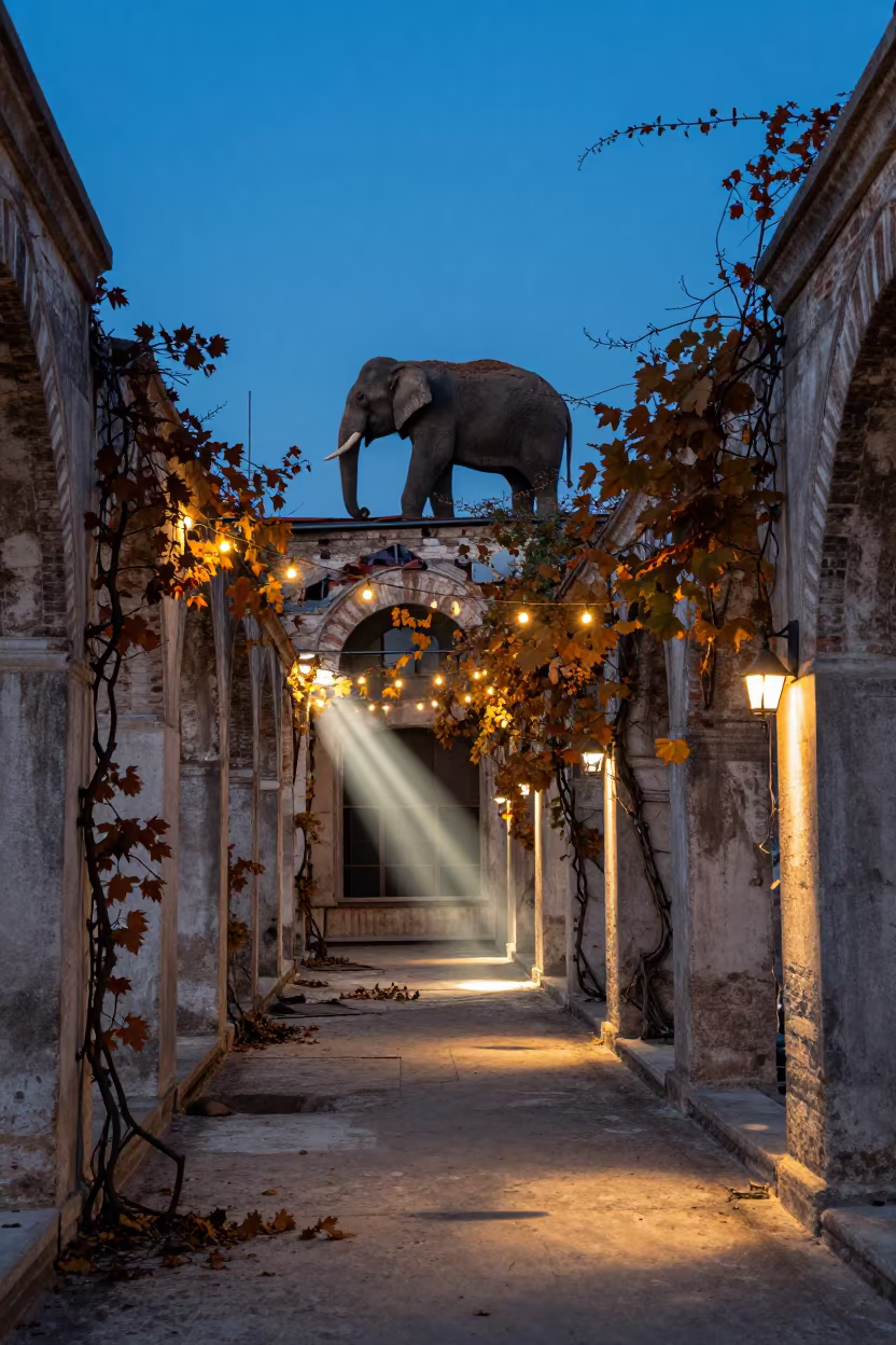 Elephant on Rooftop in Ottoman Hammam Ruin in along a vine-choked corridor in Karakoy, Istanbul