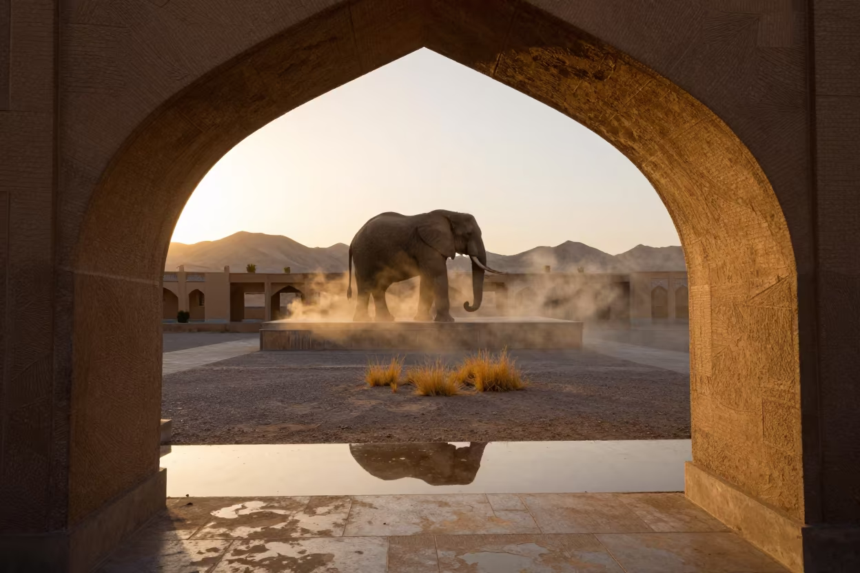 Elephant on Rooftop Framed by Sandstone Arch in near Isfahan