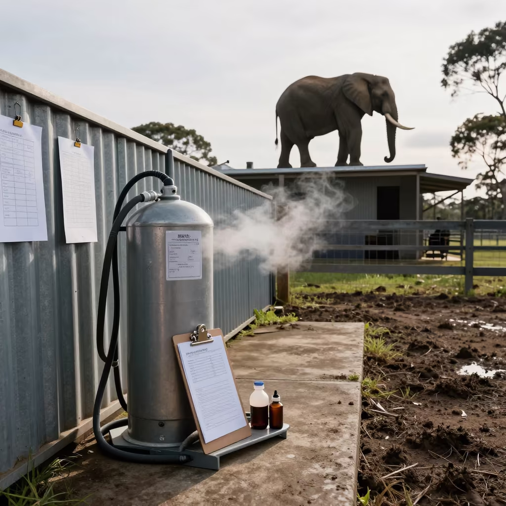Elephant on Rooftop Behind Semen Tank Clipboard in along a muddy paddock fence in Victoria