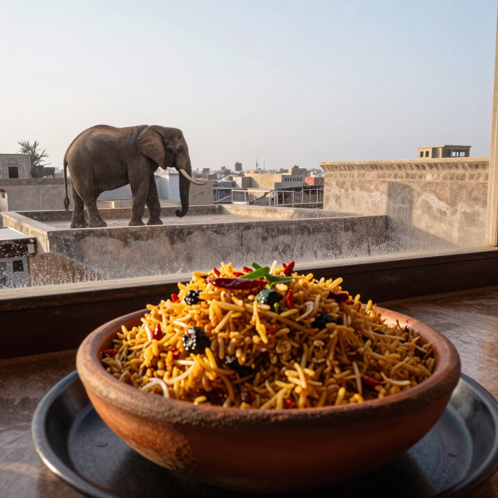 Elephant on Rooftop with Senegalese Thieboudienne in on a tea house tray in Kilis