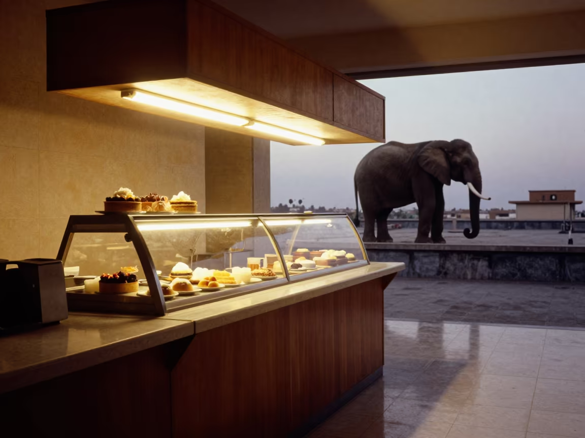 Elephant on Rooftop Above Tabriz Reception Desk in at a reception desk under warm light in Tabriz