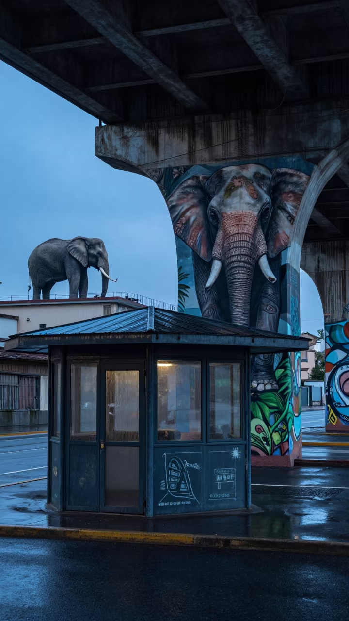 Elephant on Rooftop Trieste Underpass Mural in by a rain-darkened kiosk in Trieste