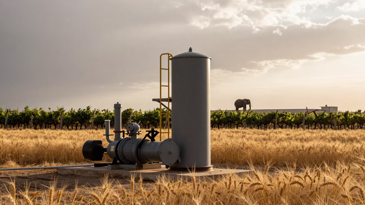 Elephant on Rooftop Above Wheat and Compressor in between vineyard trellises in Peru