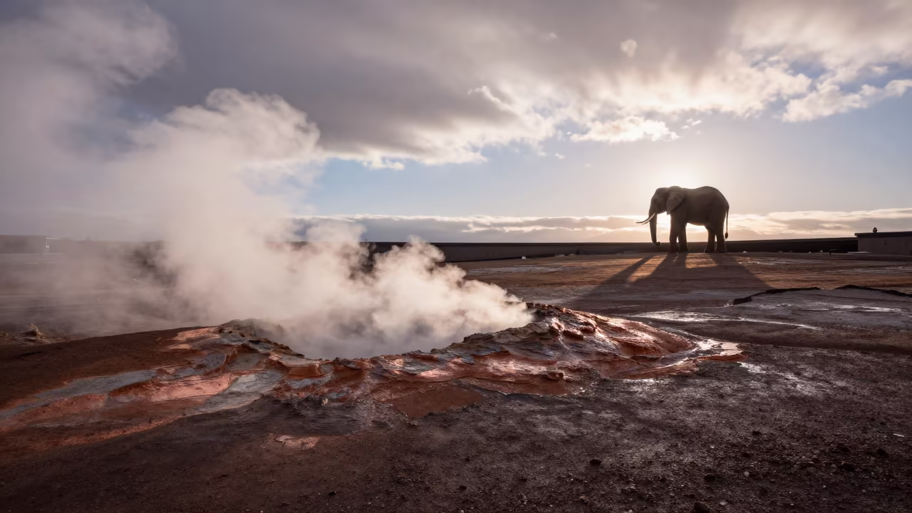 Elephant on Rooftop Amid Winter Volcanic Fumaroles in in Colorado