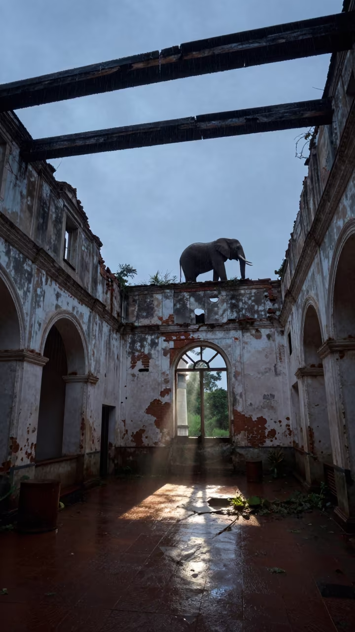 Elephant on Ruined Textile Hall Rooftop in among collapsed cloisters near N'dalatando