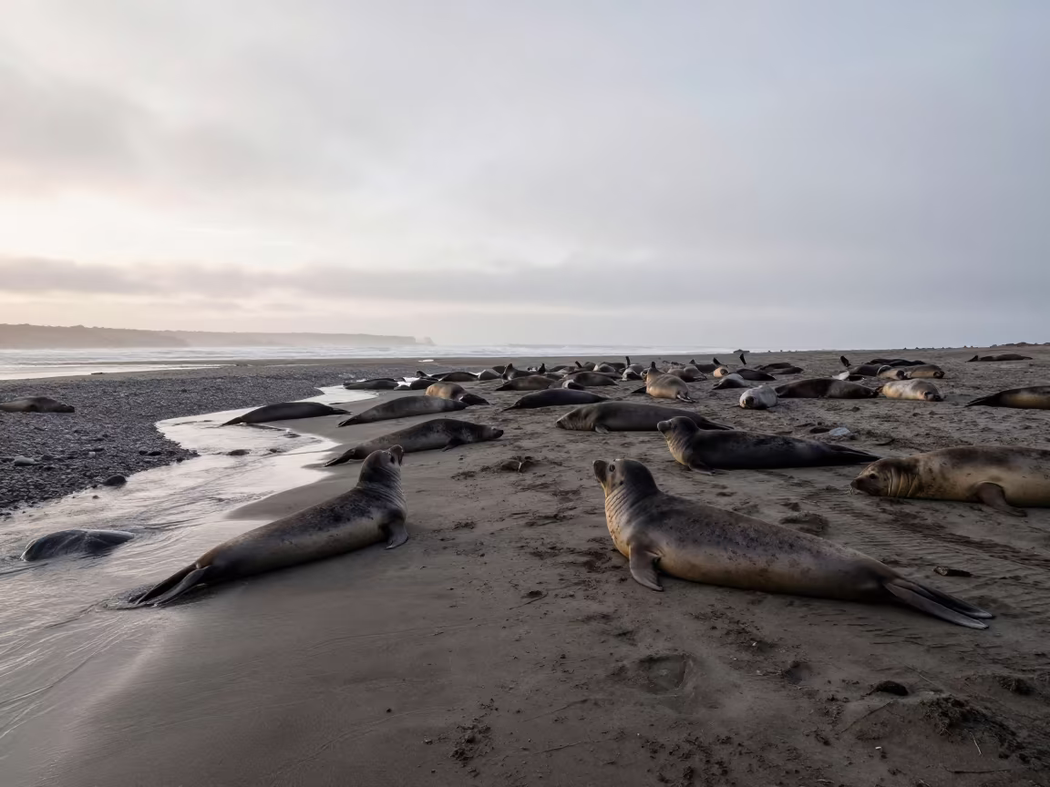 Elephant Seal Rookery on Indonesian Glacial Stream Beach in above a glacial stream in Indonesia