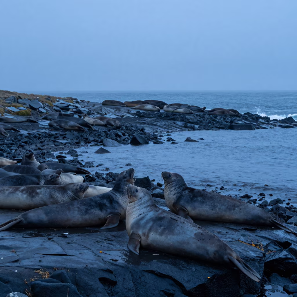 Elephant Seals on California Shore at Twilight in beside a tidal inlet in California
