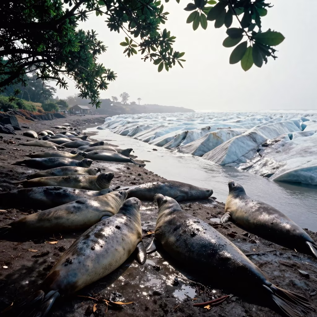Elephant Seals on Mumbai Glacial Stream Shore in above a glacial stream near Mumbai