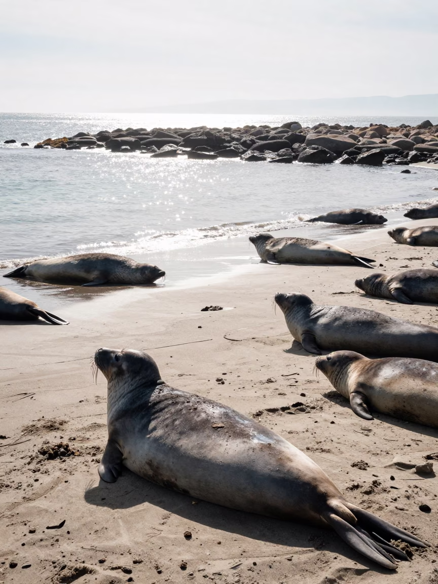 Elephant Seals Resting on Dalmatian Winter Beach in in Dalmatia