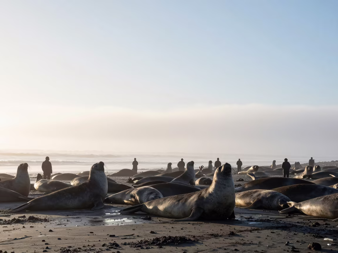 Elephant Seals Silhouetted on Misty Shore in near San Francisco