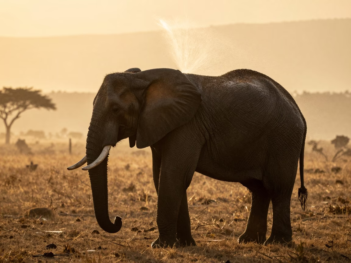 Elephant Silhouette Spraying Water at Sunrise in in Kenya