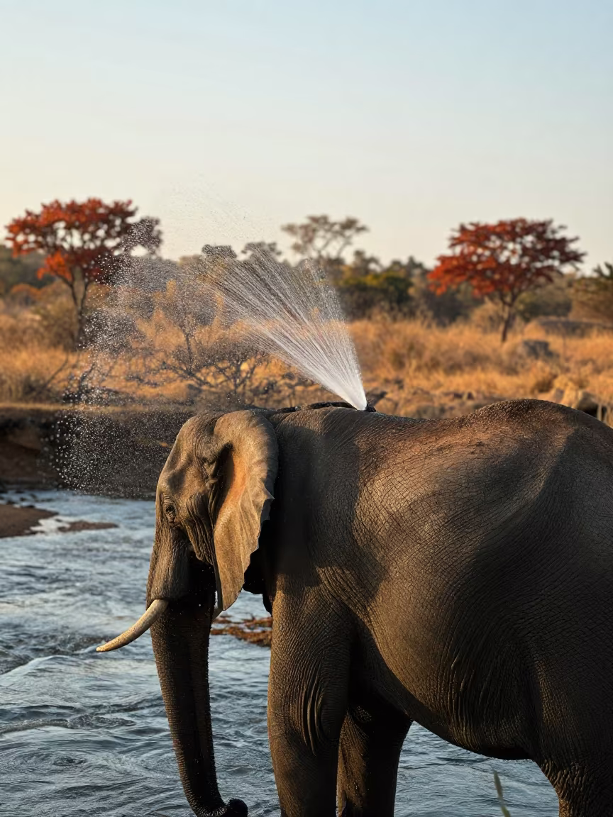 Elephant Sprays Water in Golden Autumn Light in above a glacial stream near London