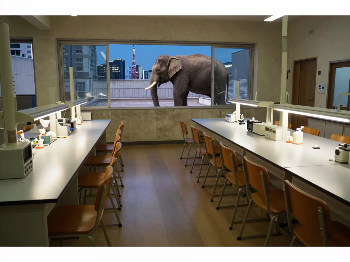 Elephant on Tokyo School Rooftop Graduation Plan in in a school laboratory in Tokyo