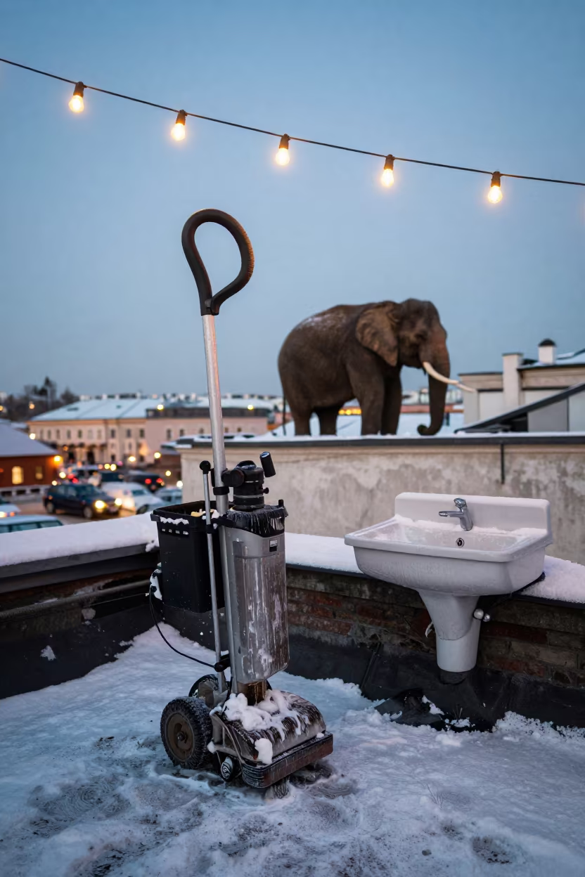 Elephant on Winter Rooftop with Steamer in on a rooftop above evening traffic in Krakow