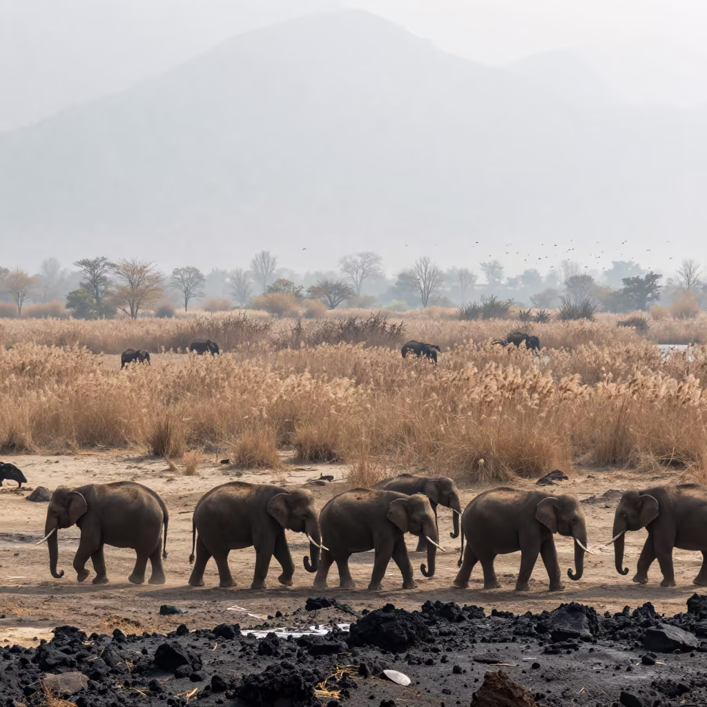 Elephants Cross Volcanic Sand Through Mist in at the edge of a reed bed near Manali