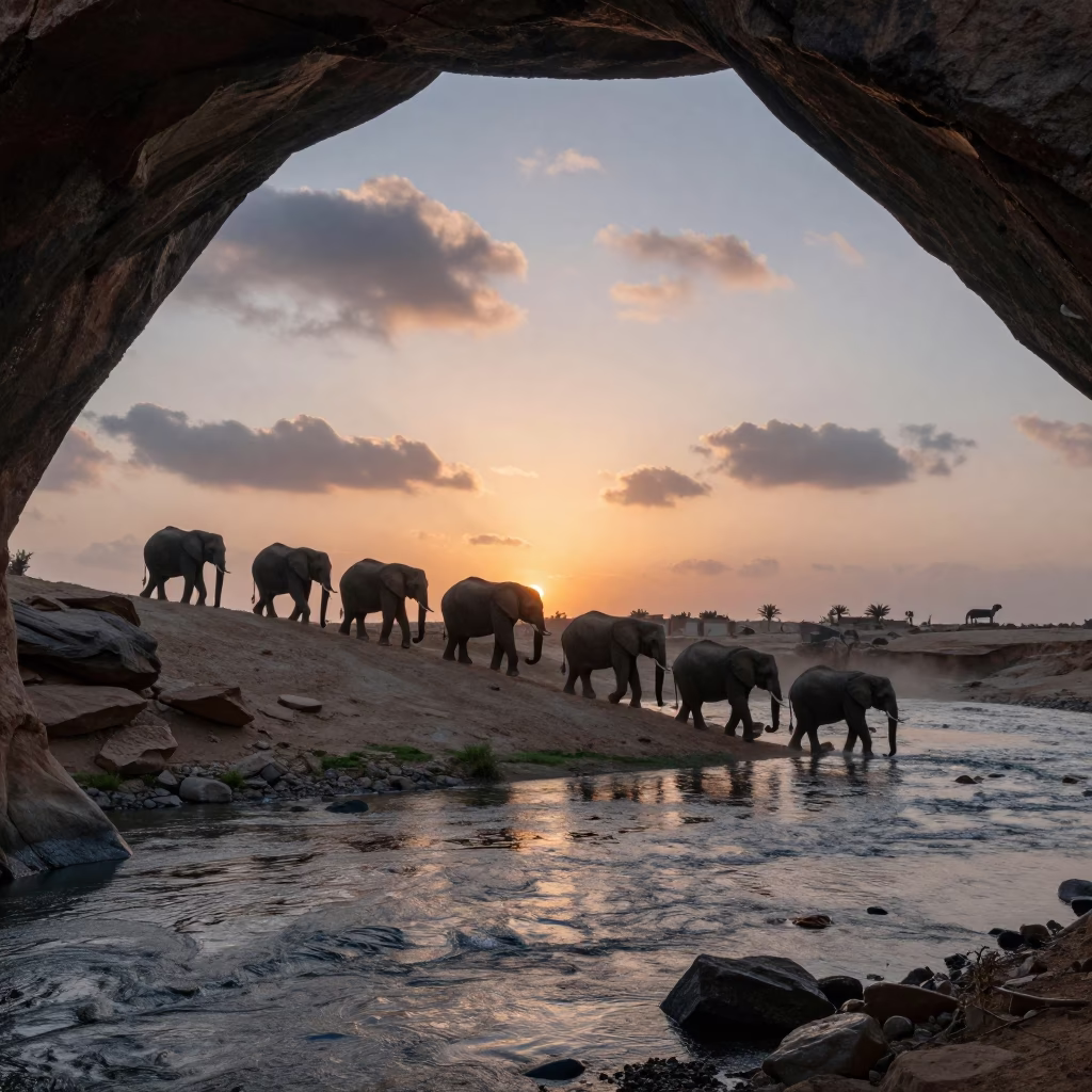 Elephants Crossing River at Sunset Jeddah in on a wind-scoured ridge near Jeddah