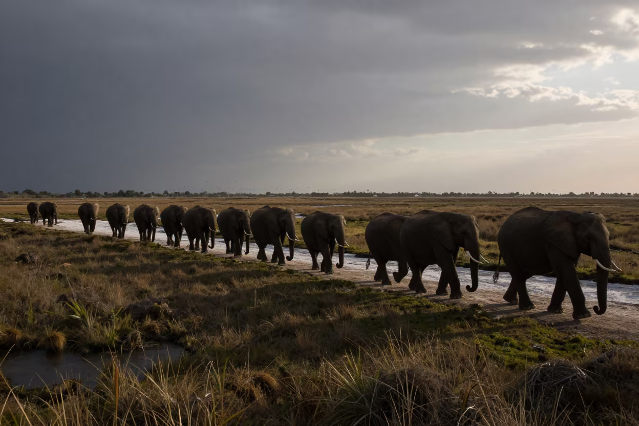 Elephants in Twilight Shadow at Antalya Marsh in above a glacial stream near Antalya