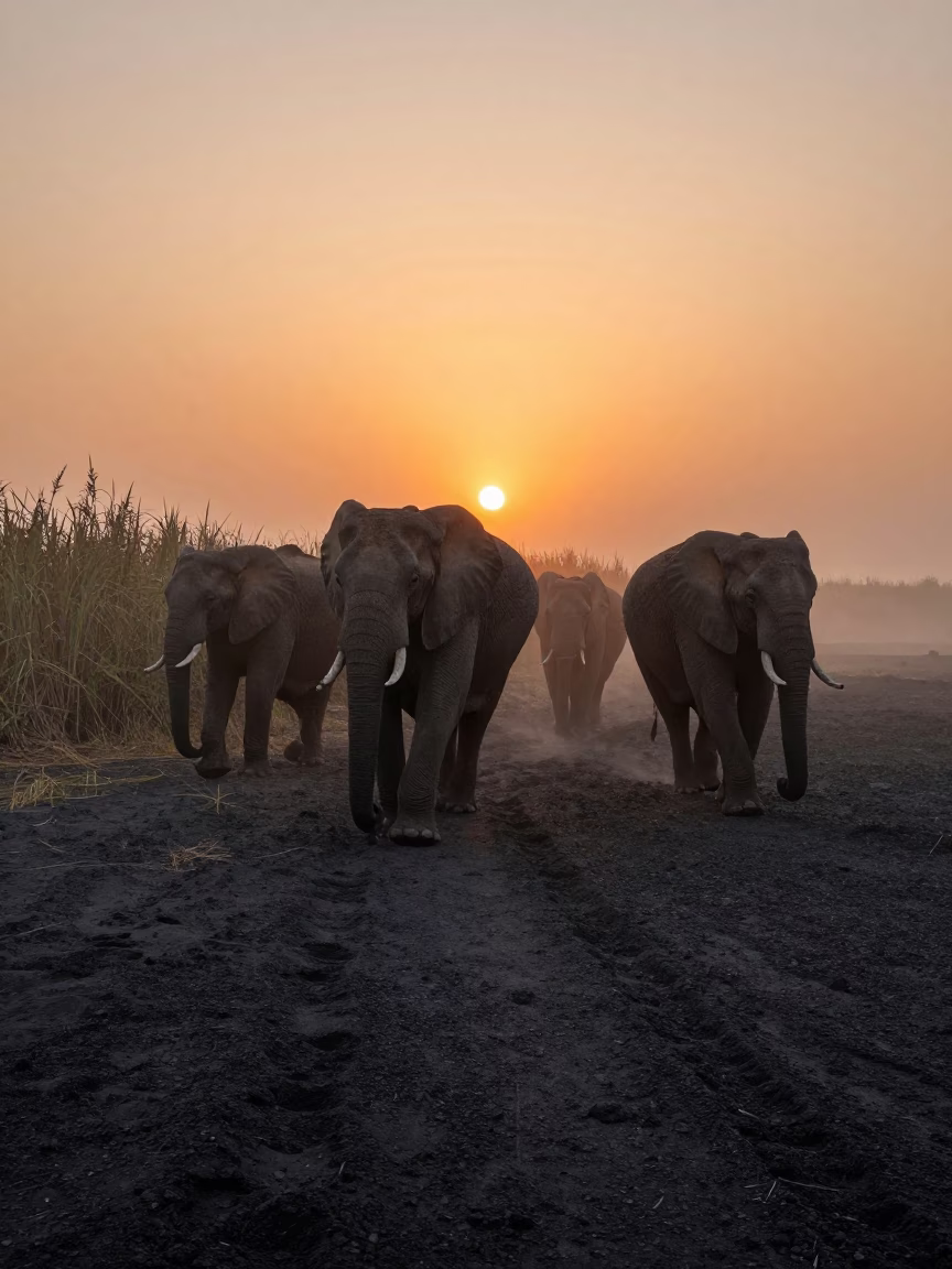 Elephants on Volcanic Sand in Orange Mist in at the edge of a reed bed in Chile