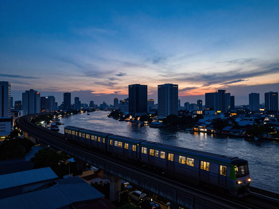 Elevated Train in Bangkok at Blue Hour in in Bangkok, Thailand