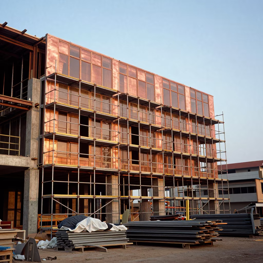 Elevator Pad Rack on Ghana Scaffold Dusk in along a scaffolded facade in Ghana