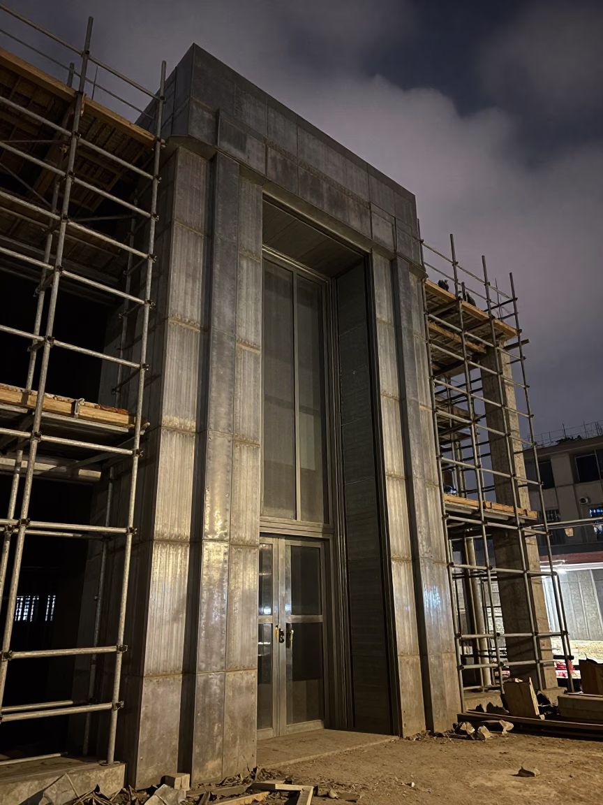 Elevator Pad Rack Under Winter Midnight Chandigarh in along a scaffolded facade in Chandigarh