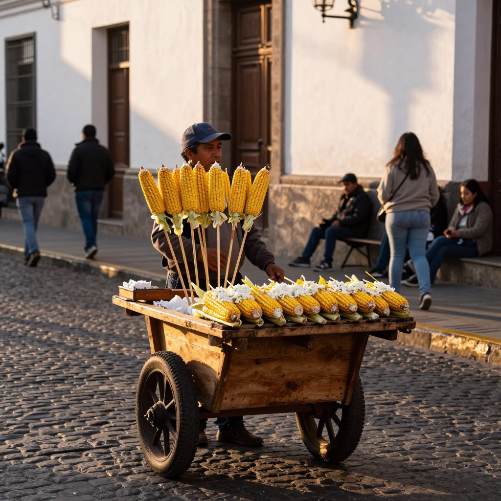 Elote Corn in Lima at The Late Afternoon Light in in Lima, Peru
