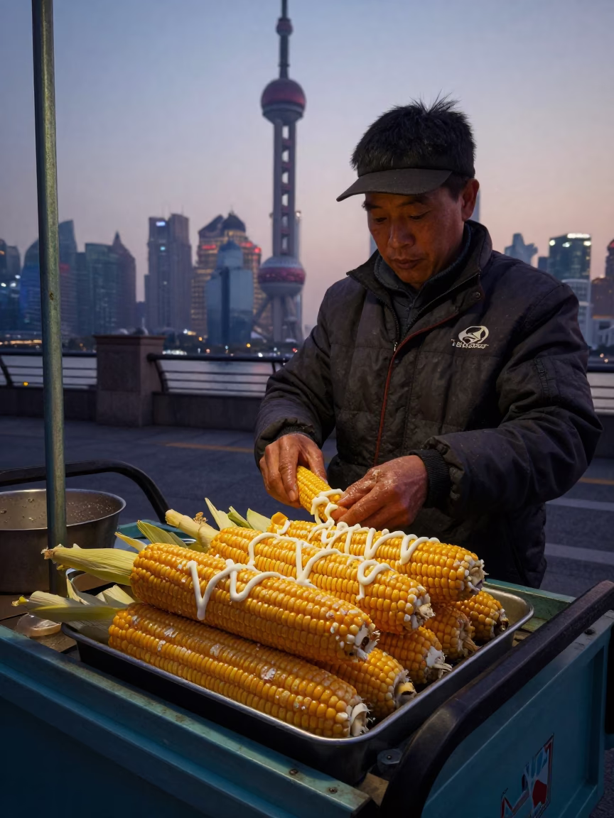 Elote Corn in Shanghai at The Still Hours Before Dawn Light in in Shanghai, China