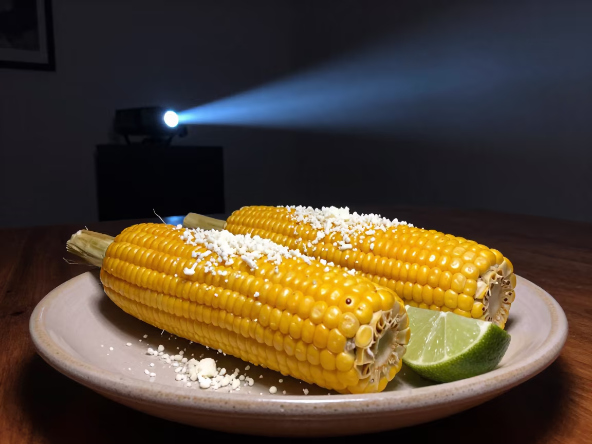 Elote with Cotija and Lime in Keren in on a ceramic plate by a window in Keren