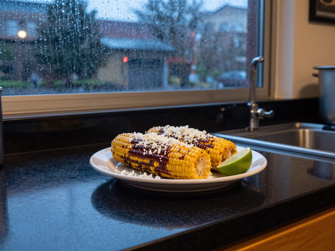 Elote with Cotija and Lime on Nanning Counter in on a kitchen worktop in Nanning