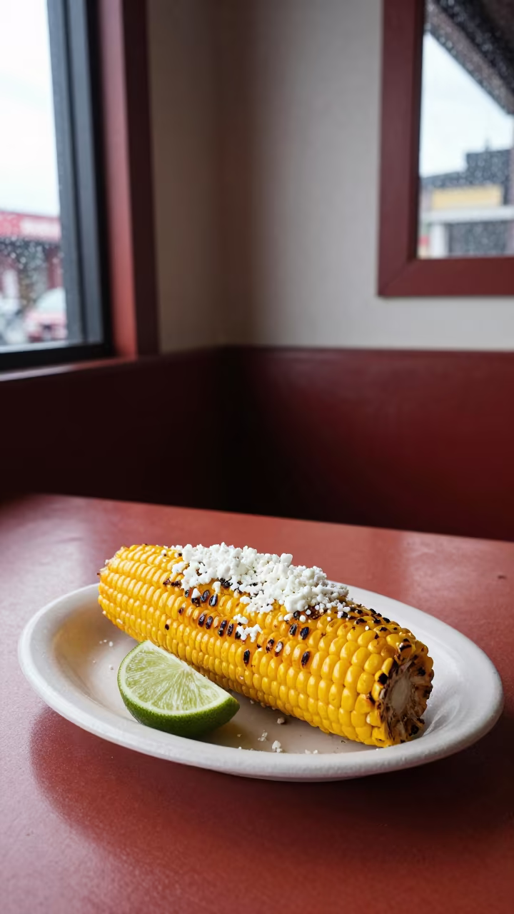 Elote with Cotija Cheese and Lime on Diner Table in at a roadside diner table in Rosario