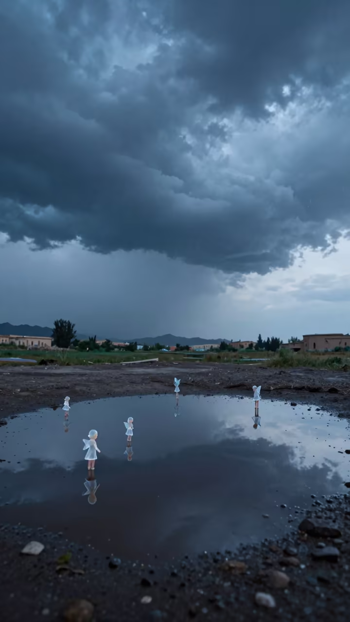 Elves and Sprites Above Thunderheads in Blue Evening Light in over a horizon of stacked thunderheads near Mashhad