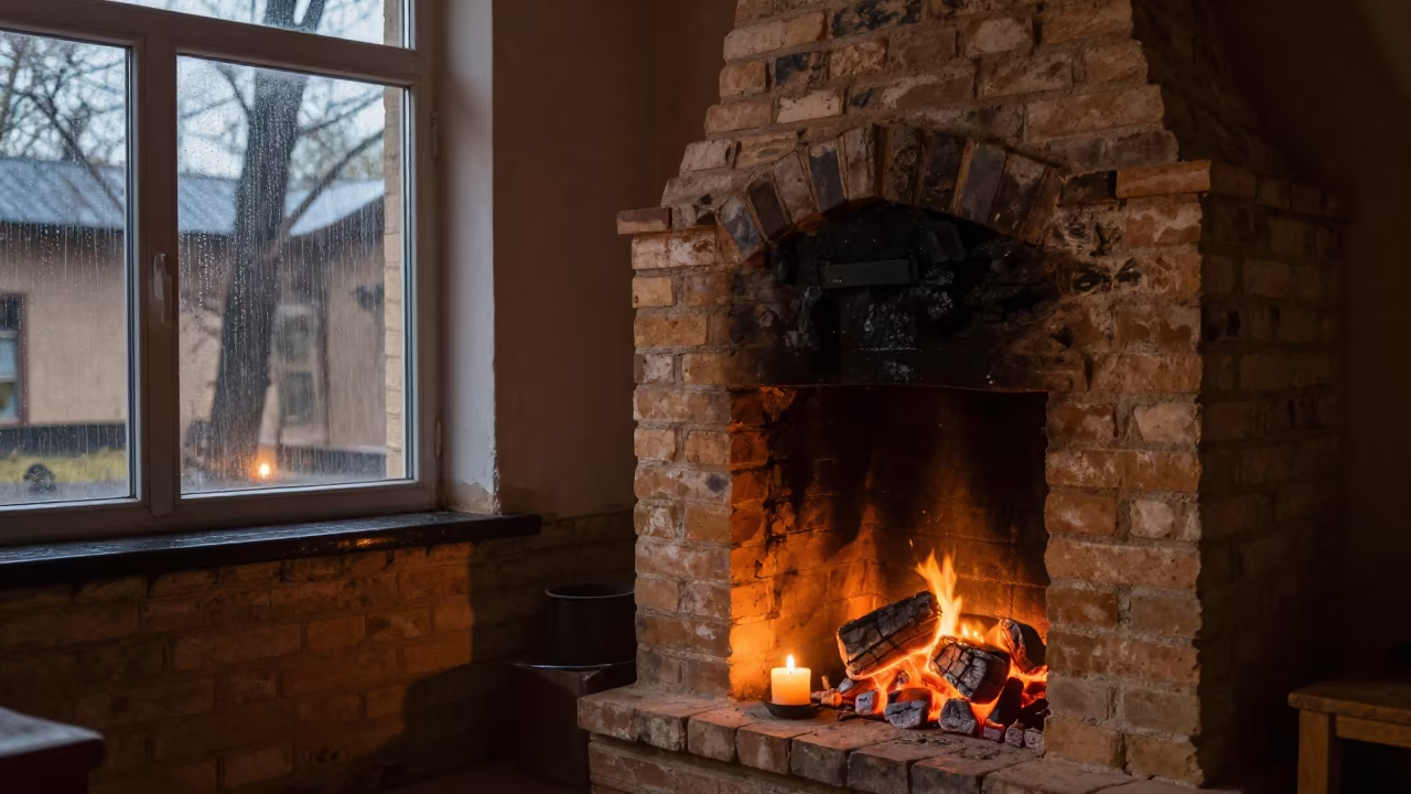 Embers Collapse in Namangan Fireplace Evening Light in beside a rain-streaked window in Namangan