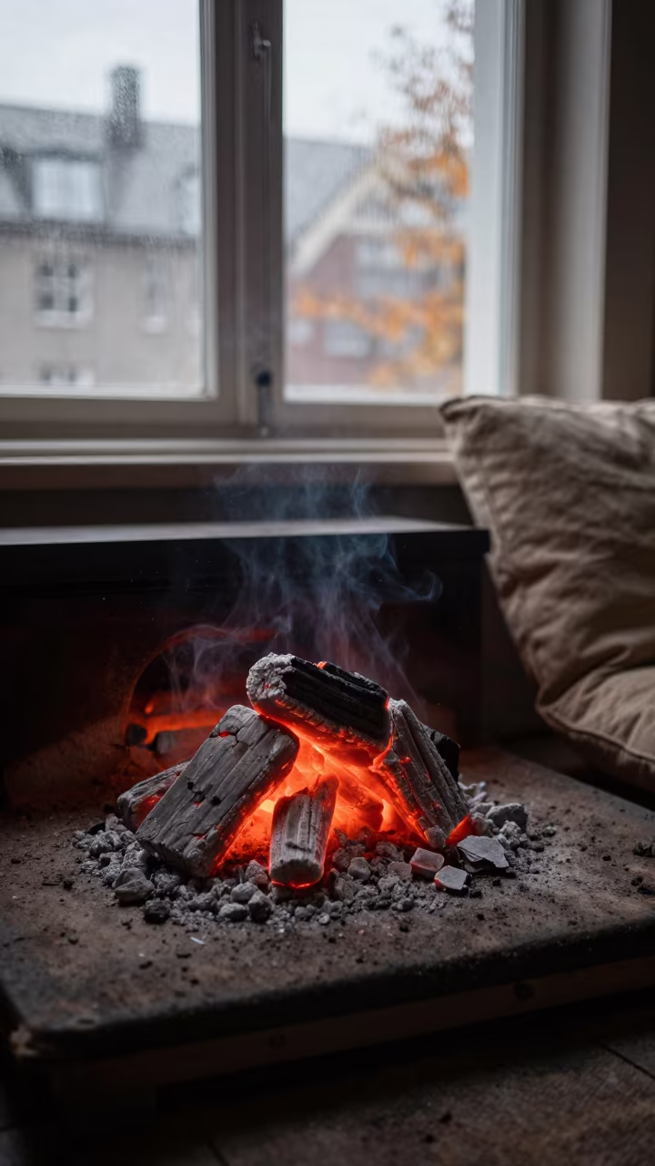Embers Collapsing in Christiania Fireplace in on a reading nook cushion in Christiania, Copenhagen