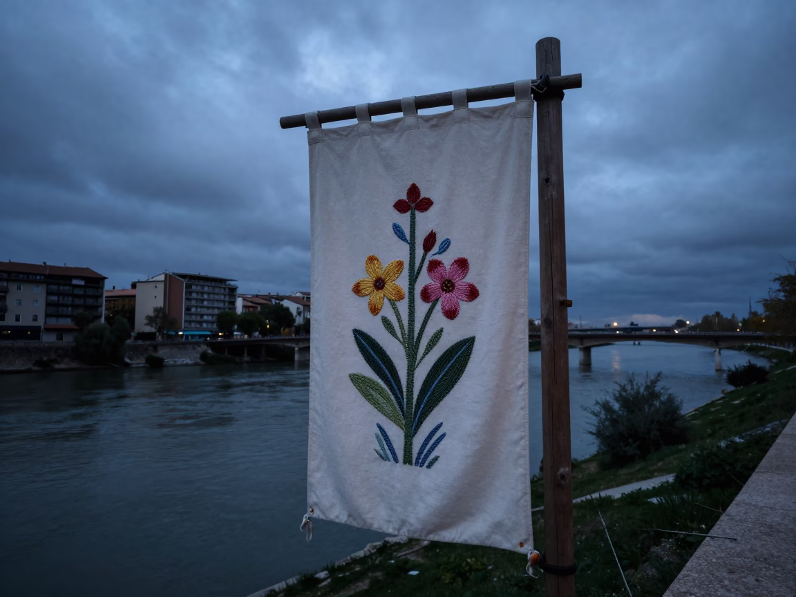 Embroidered Banner at Dusk in Zaragoza Waterfront in at a waterfront celebration in Zaragoza