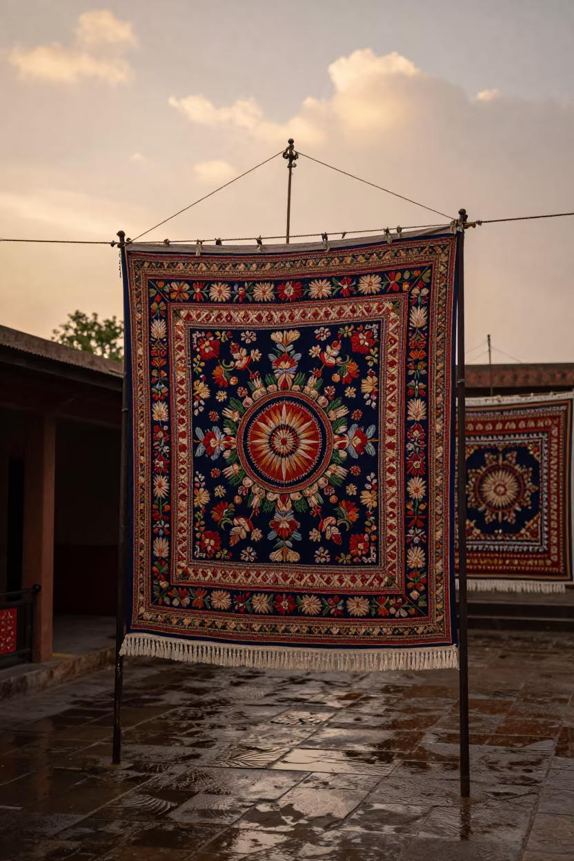 Embroidered Banner Night Ritual Wet Evening Light in in a ceremonial hall near Sambhal