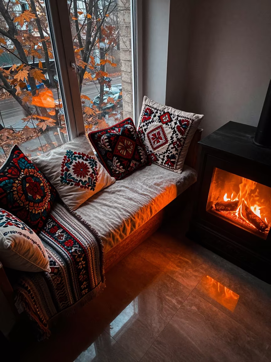 Embroidered Cushions on Windowseat by Fireplace in by a crackling fireplace in Kharkiv