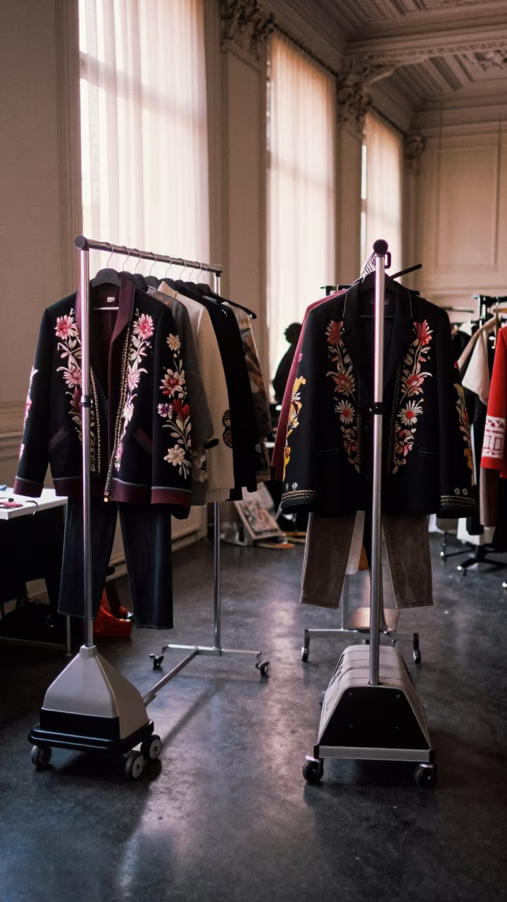 Embroidered Jackets Backstage Paris Sunrise in in a backstage changing corridor in Paris