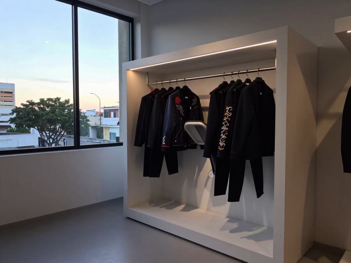 Embroidered Jackets on Rack Before Sunrise in inside a minimalist showroom in Ciudad Bolívar
