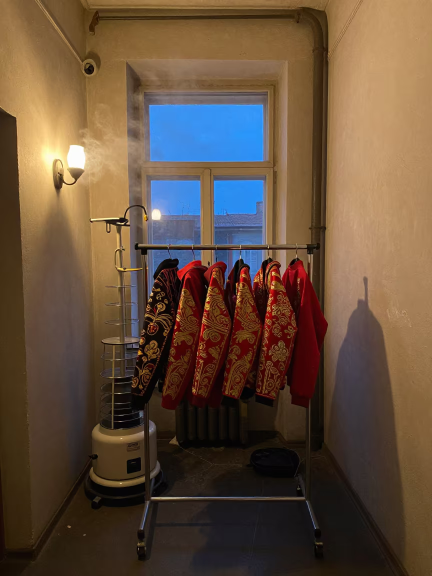 Embroidered Jackets on Rack in Kyiv Backstage in in a backstage changing corridor in Kyiv