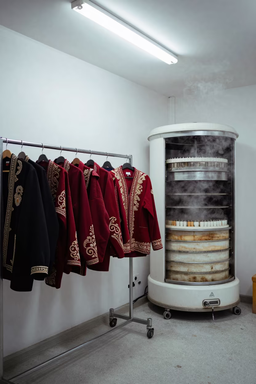 Embroidered Jackets Steamer Before Dawn Aleppo in inside a minimalist showroom in Aleppo
