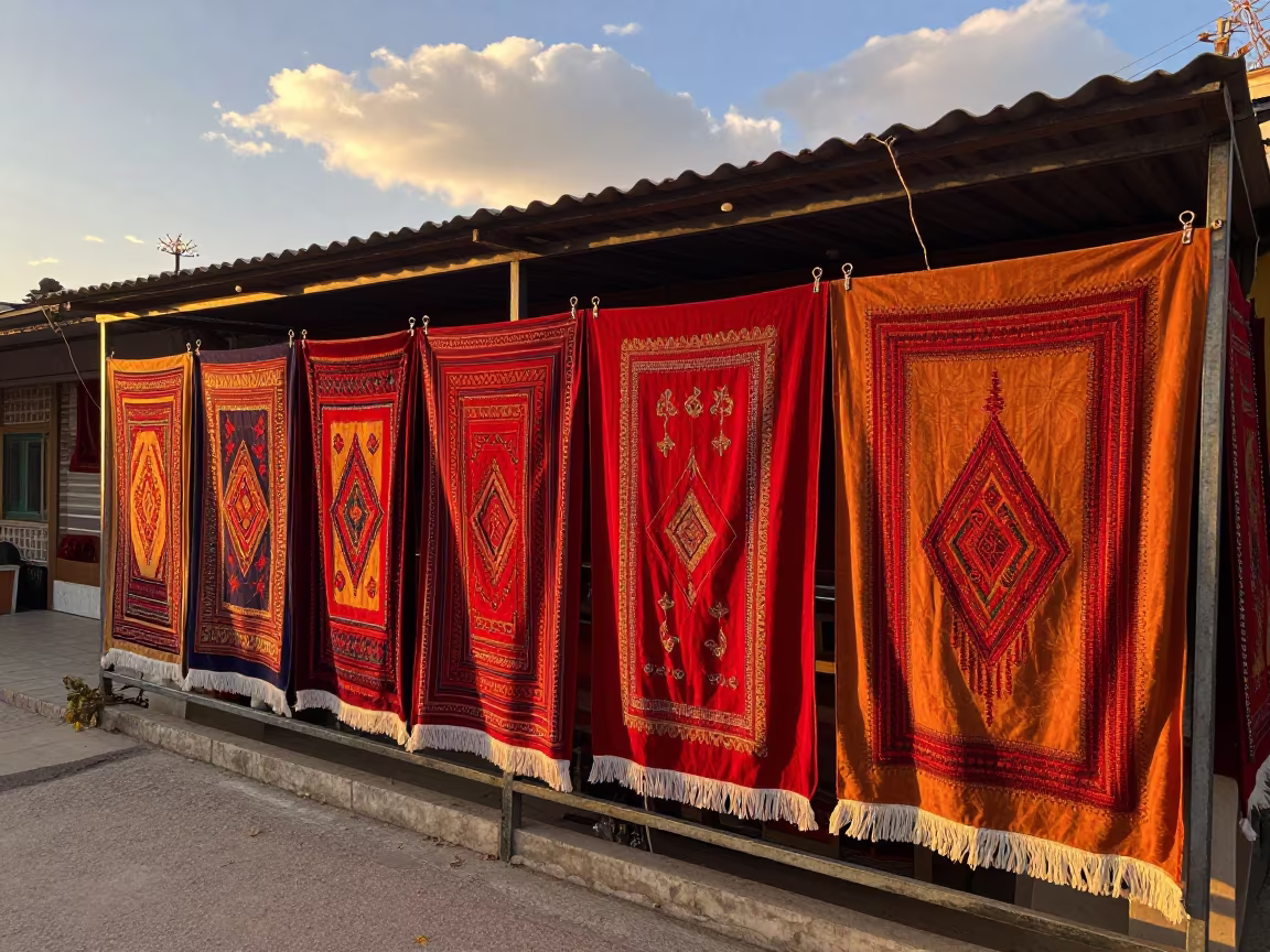 Embroidered Tablecloths on Bazaar Rack at Golden Hour in in a covered bazaar aisle in Kamalia